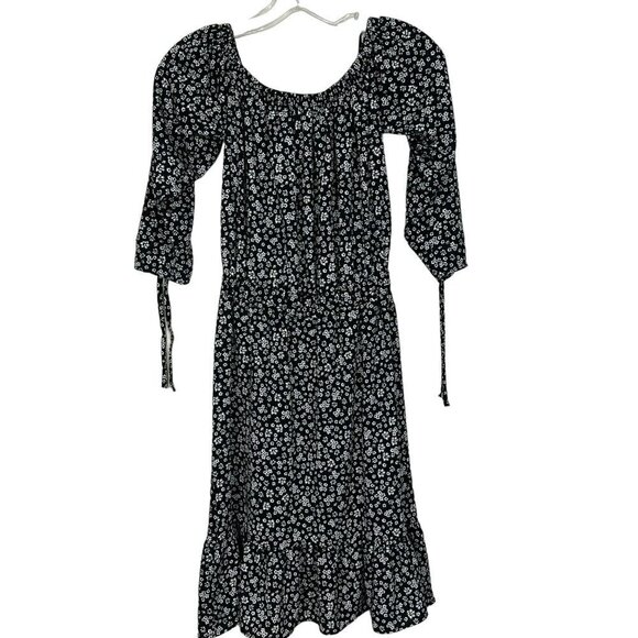 Zara Black White Floral Off Shoulder Midi Dress Ruffled With Rushing XS - Picture 12 of 15